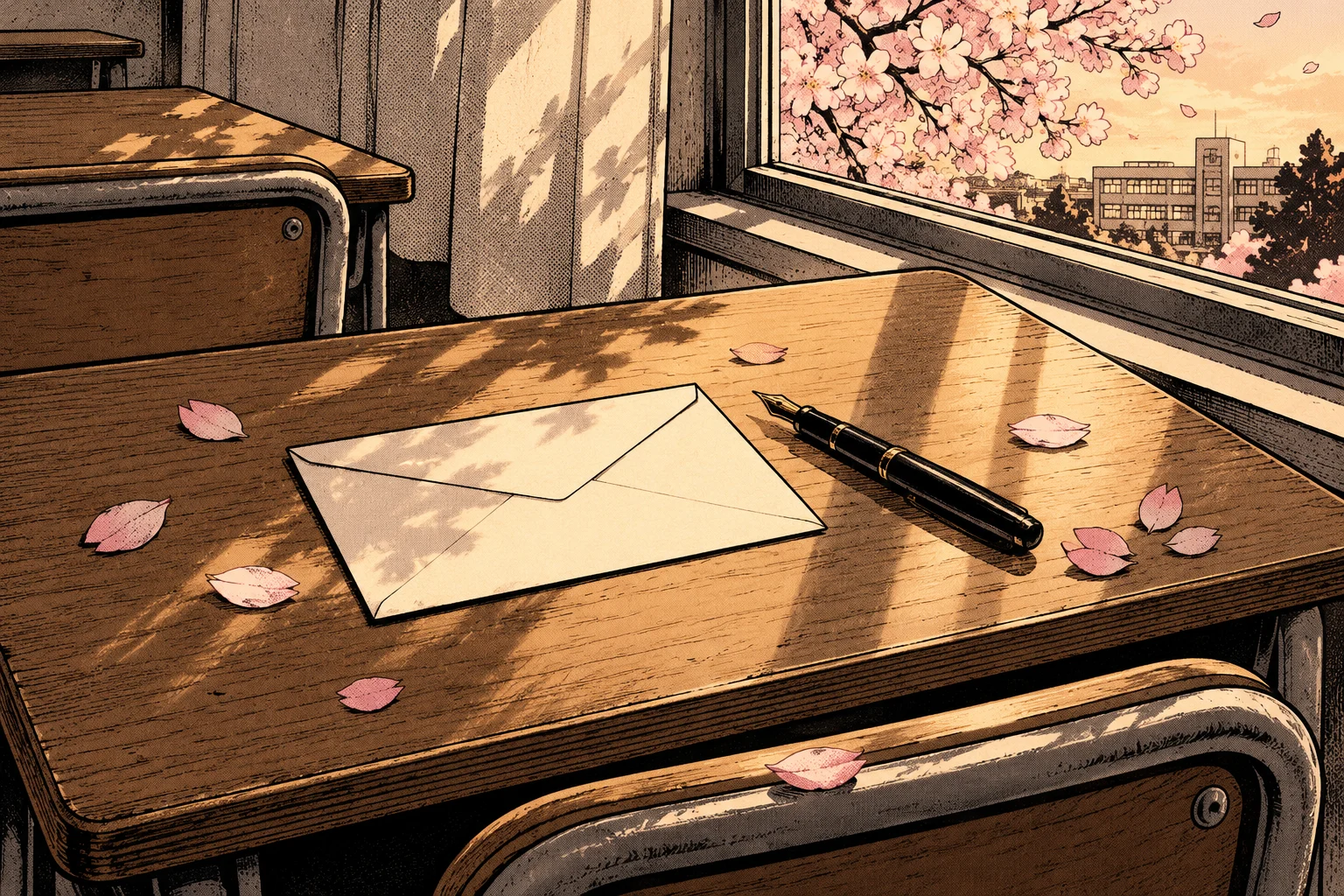 Original illustration of a school desk, envelope, and cherry petals