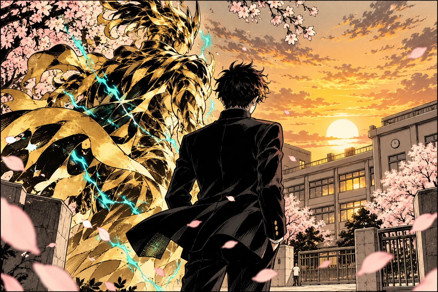 Original illustration of a student facing a school with a golden spirit