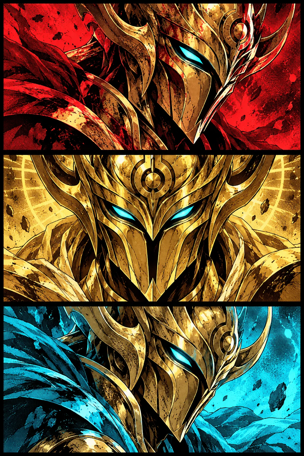 Original three-panel illustration of a golden spirit helmet