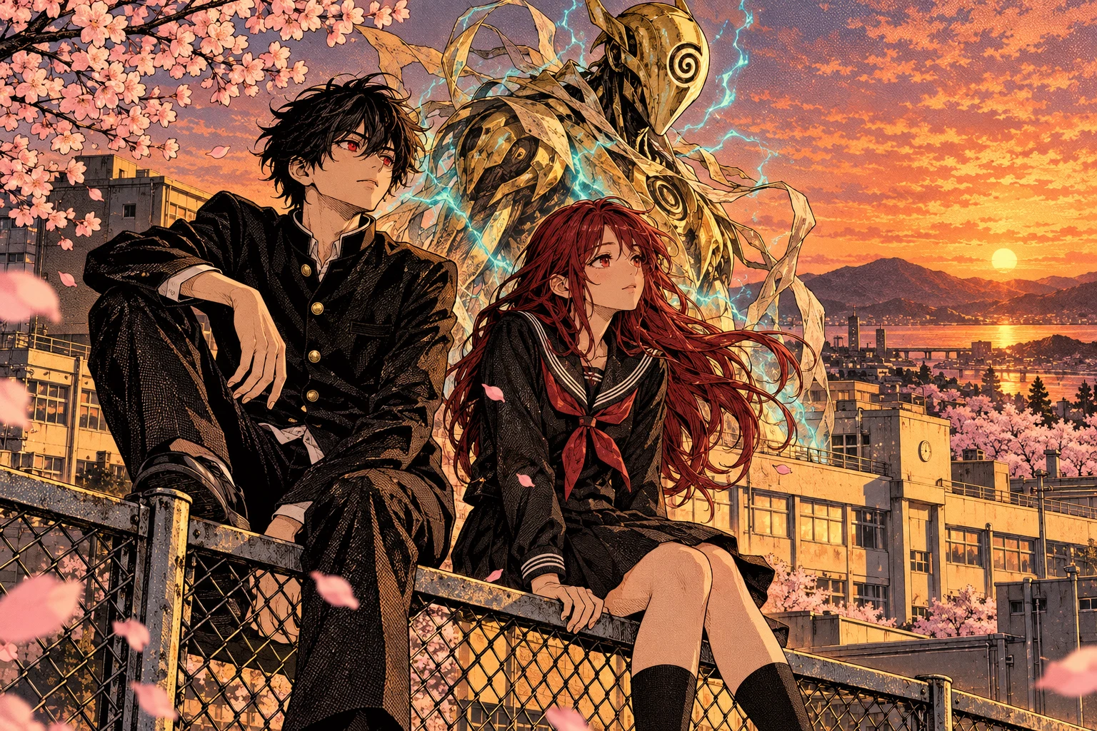 Original illustration of two students on a rooftop with a golden spirit at sunset