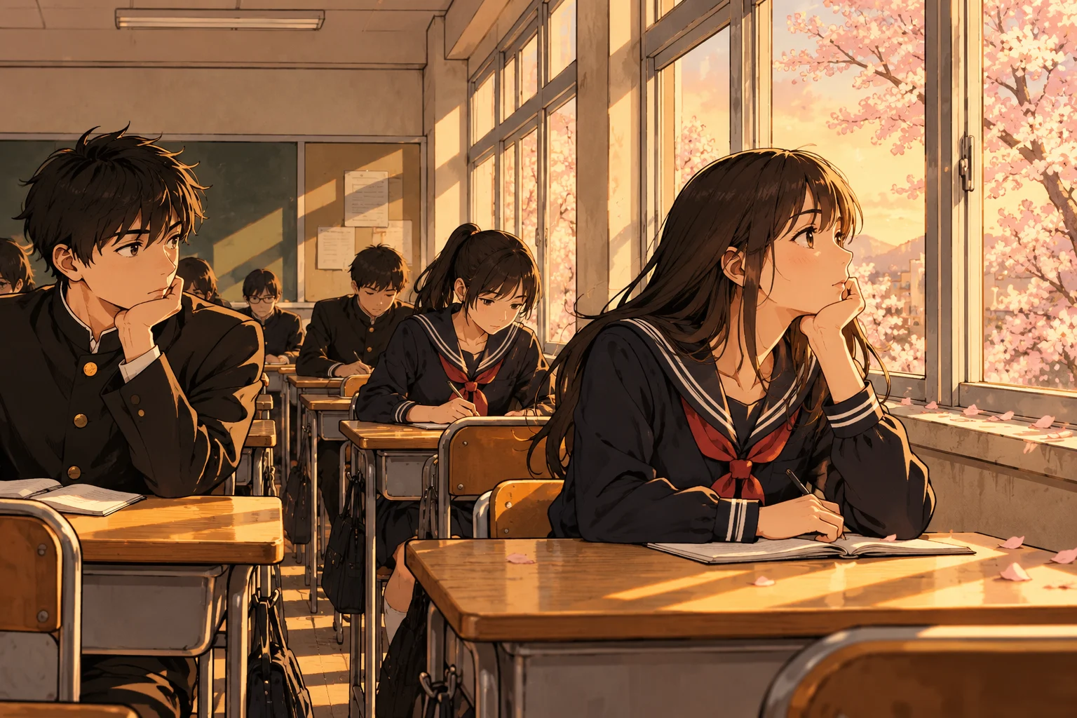 Original illustration of a sunlit classroom with students in dark uniforms